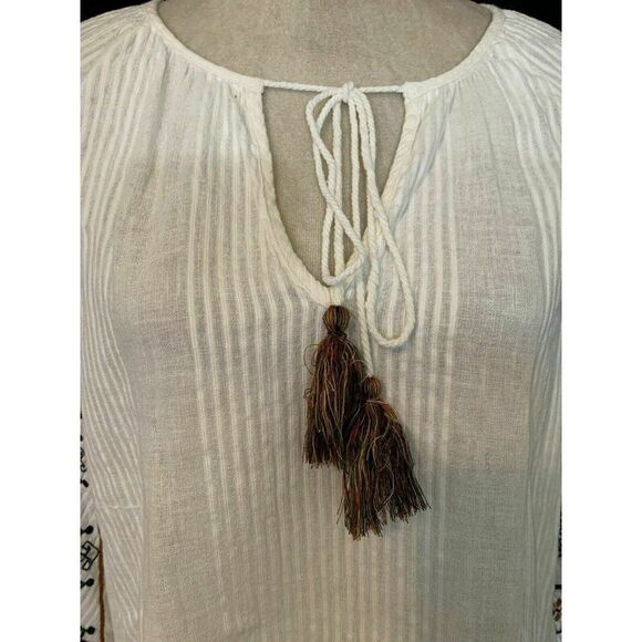 Zara Womens White Brown Red Embroidered Bohemian Long Sleeve Top Blouse Xs - Picture 2 of 6